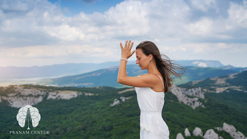 Namaste and mountains photo